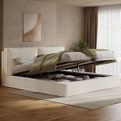 Merax Polsterbett Doppelbett 180x200 cm mit hydraulischem Stauraum & Lattenrost, Samt, 13 cm Dickes gepolstertes Kopfteil (105 cm hoch), eingebaute Struktur, Cord, Beige (Ohne Matratze) Merax Polsterbett Doppelbett 180x200 cm mit hydraulischem Stauraum & Lattenrost, Samt, 13 cm Dickes gepolstertes Kopfteil (105 cm hoch), eingebaute Struktur, Cord, Beige (Ohne Matratze)