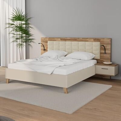 Forte RICCIANO Bettgestell mit Nachtkommoden 180x200cm, Bett mit Polsterkopfteil, Holzwerkstoff, Stabeiche Holzdekor/Kaschmir Beige, 296,5 cm breit x 119,7 cm hoch x 210 cm tief Forte RICCIANO Bettgestell mit Nachtkommoden 180x200cm, Bett mit Polsterkopfteil, Holzwerkstoff, Stabeiche Holzdekor/Kaschmir Beige, 296,5 cm breit x 119,7 cm hoch x 210 cm tief