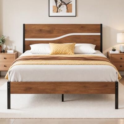 VECELO Metall-Holz Bettgestell 140x200 cm – Doppelbett mit Holzoptik-Kopfteil, Lattenrost und Stauraum, Stabiler Bettrahmen mit einfacher Montage, Ideal für Gästezimmer und Jugendzimmer, Braun VECELO Metall-Holz Bettgestell 140x200 cm – Doppelbett mit Holzoptik-Kopfteil, Lattenrost und Stauraum, Stabiler Bettrahmen mit einfacher Montage, Ideal für Gästezimmer und Jugendzimmer, Braun