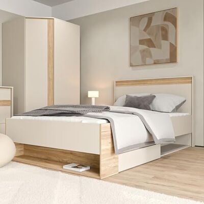 Forte WEXLIN Bettgestell, Liegefläche 120 x 200 cm, modernes Bett mit Schublade und Regal, Kinder- und Jugendzimmer,Kaschmir Beige Mauvella Eiche Holzdekor, 130 cm breit x 96,3 cm hoch x 210,8 cm tief Forte WEXLIN Bettgestell, Liegefläche 120 x 200 cm, modernes Bett mit Schublade und Regal, Kinder- und Jugendzimmer,Kaschmir Beige Mauvella Eiche Holzdekor, 130 cm breit x 96,3 cm hoch x 210,8 cm tief