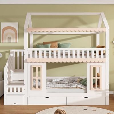 Merax Etagenbett 90x200 cm Hausbett mit Treppe und Stauraum, Hochbett Bettgestell aus Kiefer und MDF, Schubladen und Ablagefächer, Holzfenster Design, Weiß Natur Merax Etagenbett 90x200 cm Hausbett mit Treppe und Stauraum, Hochbett Bettgestell aus Kiefer und MDF, Schubladen und Ablagefächer, Holzfenster Design, Weiß Natur