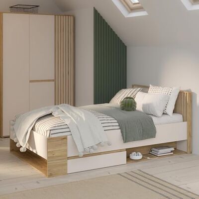Forte ELISTON Bett, Liegefläche: 120x200 cm, modernes Bettgestell mit Lamellendesign, Schlafzimmer, Mauvella Eiche Holzdekor Kashmir Beige, 130 cm breit x 84 cm hoch x 210,3 cm tief Forte ELISTON Bett, Liegefläche: 120x200 cm, modernes Bettgestell mit Lamellendesign, Schlafzimmer, Mauvella Eiche Holzdekor Kashmir Beige, 130 cm breit x 84 cm hoch x 210,3 cm tief