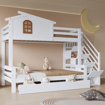 Merax Etagenbett Kinderbett 90/120 x 200 cm, Hochbett Holzbett mit Rausfallschutz, 2 Schubladen, Sicherheitstreppe mit Stauraum, Platzsparendes Stockbett mit Lattenrost & Fenster, Jugendbett, Weiß Merax Etagenbett Kinderbett 90/120 x 200 cm, Hochbett Holzbett mit Rausfallschutz, 2 Schubladen, Sicherheitstreppe mit Stauraum, Platzsparendes Stockbett mit Lattenrost & Fenster, Jugendbett, Weiß