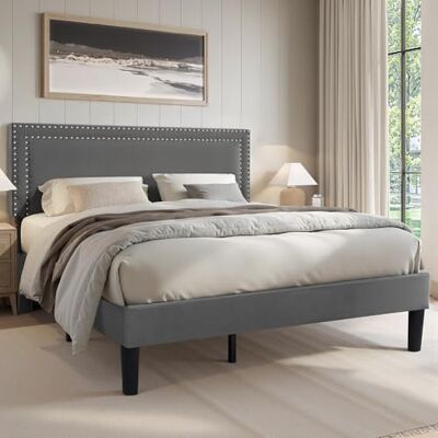 VECELO Polsterbett 140 x 200 cm Doppelbett Bettrahmen mit Höhenverstellbarem Kopfteil, Gepolstertes Bettgestell mit Lattenrost, Samtbezug, für Erwachsene & Jugendliche, Ohne Matratze, Grau VECELO Polsterbett 140 x 200 cm Doppelbett Bettrahmen mit Höhenverstellbarem Kopfteil, Gepolstertes Bettgestell mit Lattenrost, Samtbezug, für Erwachsene & Jugendliche, Ohne Matratze, Grau