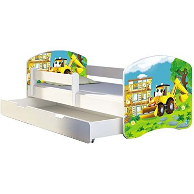 ACMA Kinderbett 180x80 Jugendbett mit Einer Schublade und Matratze, Rausfallschutz, Lattenrost Weiß, stabil, Kinderzimmer Bett, Jugendmöbel Design 20 Bagger ACMA Kinderbett 180x80 Jugendbett mit Einer Schublade und Matratze, Rausfallschutz, Lattenrost Weiß, stabil, Kinderzimmer Bett, Jugendmöbel Design 20 Bagger