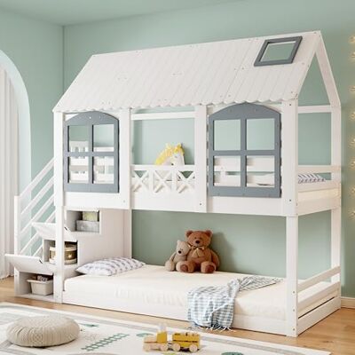 Merax Etagenbett 90x200cm, Kinderbett Hochbett für 2 Kinder, Baumhausbett mit Rausfallschutz & Lattenrost, Hausbett mit Dach & Fenster, Platzsparendes Stockbett mit Stauraumtreppe, Jugendbett, Weiß Merax Etagenbett 90x200cm, Kinderbett Hochbett für 2 Kinder, Baumhausbett mit Rausfallschutz & Lattenrost, Hausbett mit Dach & Fenster, Platzsparendes Stockbett mit Stauraumtreppe, Jugendbett, Weiß