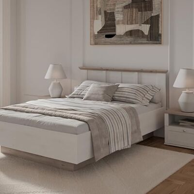 Forte ILOPPA Bett 153, Bett mit angehobenem Lattenrost und Kopfteil, Holzwerkstoff, Weiß/Eiche Dekor, 153 cm breit, 95,2 cm hoch, 206,4 cm tief Forte ILOPPA Bett 153, Bett mit angehobenem Lattenrost und Kopfteil, Holzwerkstoff, Weiß/Eiche Dekor, 153 cm breit, 95,2 cm hoch, 206,4 cm tief