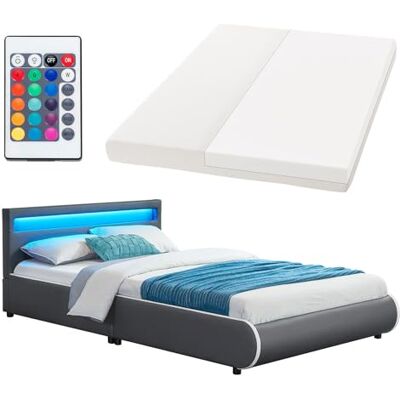 Juskys Polsterbett Sevilla 140x200 cm mit Matratze, LED Beleuchtung, Lattenrost & Kopfteil Holz & Kunstleder 16 Farbeinstellungen & Fernbedienung Bett Jugendbett Einzelbett Grau Juskys Polsterbett Sevilla 140x200 cm mit Matratze, LED Beleuchtung, Lattenrost & Kopfteil Holz & Kunstleder 16 Farbeinstellungen & Fernbedienung Bett Jugendbett Einzelbett Grau