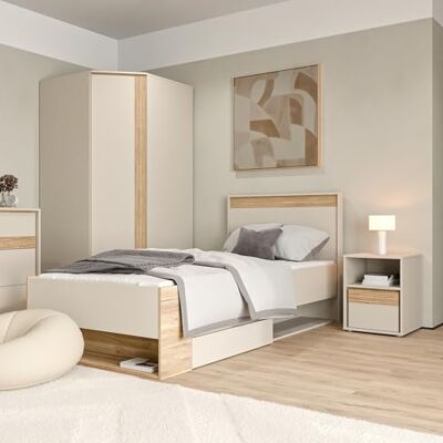 Forte WEXLIN Bettgestell, Liegefläche 90 x 200 cm, modernes Bett mit Schublade und Regal, Kinder- und Jugendzimmer, Kaschmir Beige Mauvella Eiche Holzdekor, 100 cm breit x 96,3 cm hoch x 210,8 cm tief Forte WEXLIN Bettgestell, Liegefläche 90 x 200 cm, modernes Bett mit Schublade und Regal, Kinder- und Jugendzimmer, Kaschmir Beige Mauvella Eiche Holzdekor, 100 cm breit x 96,3 cm hoch x 210,8 cm tief