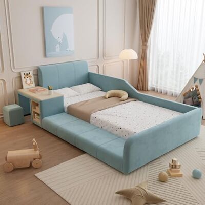 Merax Polsterbett 90x200 cm mit Schreibtisch und Stauraum, Bettgestell mit Lattenrost, Jugendbett mit Kopfteil und Ablagefläche, Samt Einzelbett mit Holzdetails,Blau Merax Polsterbett 90x200 cm mit Schreibtisch und Stauraum, Bettgestell mit Lattenrost, Jugendbett mit Kopfteil und Ablagefläche, Samt Einzelbett mit Holzdetails,Blau