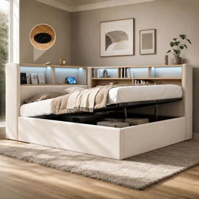 Merax Daybett 90x200 cm, mit hydraulischem Stauraum, Polsterbett aus Samt, Tagesbett mit LED-Beleuchtung, USB- und Type-C-Anschluss, für Kinderzimmer oder Jugendzimmer, Beige (ohne Matratze) Merax Daybett 90x200 cm, mit hydraulischem Stauraum, Polsterbett aus Samt, Tagesbett mit LED-Beleuchtung, USB- und Type-C-Anschluss, für Kinderzimmer oder Jugendzimmer, Beige (ohne Matratze)