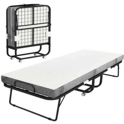 HOMCOM Klappbett 90x200 cm Erwachsene Gästebett Klappbar mit Stahlrahmen 10 cm Dicker Schaumstoff, Feldbett, Reisebett, Rollen, Bis 150 Kg Belastbar HOMCOM Klappbett 90x200 cm Erwachsene Gästebett Klappbar mit Stahlrahmen 10 cm Dicker Schaumstoff, Feldbett, Reisebett, Rollen, Bis 150 Kg Belastbar