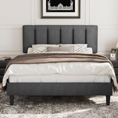 VECELO Polsterbett 140 x 200 cm Doppelbett, mit Höhenverstellbarem Kopfteil und Lattenrost, Gepolstertes Bettgestell, Kein Boxspring erforderlich, Samt, Grau VECELO Polsterbett 140 x 200 cm Doppelbett, mit Höhenverstellbarem Kopfteil und Lattenrost, Gepolstertes Bettgestell, Kein Boxspring erforderlich, Samt, Grau