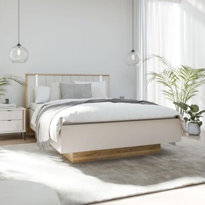 Forte SERAVEL Bettgestell 140x200, Elegantes Bett mit Stauraum unte Lattenrost, Holzwerkstoff, Kaschmir Beige/Mauvella Eiche Holzdekor, 149,8 cm breit x 99,8 cm hoch x 213,9 cm tief Forte SERAVEL Bettgestell 140x200, Elegantes Bett mit Stauraum unte Lattenrost, Holzwerkstoff, Kaschmir Beige/Mauvella Eiche Holzdekor, 149,8 cm breit x 99,8 cm hoch x 213,9 cm tief
