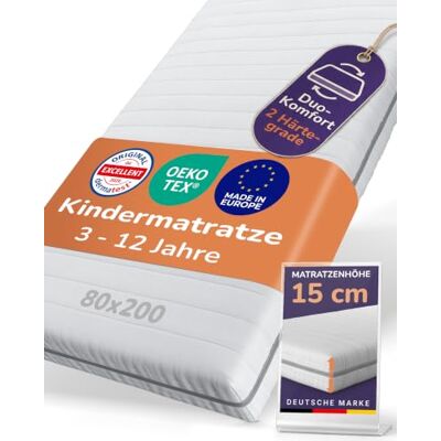 Sun Garden Kindermatratze 80x200 cm, 3-12 Jahre, 15 cm Komfortschaum RG28 2-in-1 Mitwachs-System für Kinderbett und Jugendbett, Oeko-Tex und Dermatest Sehr gut, Made in Europe Sun Garden Kindermatratze 80x200 cm, 3-12 Jahre, 15 cm Komfortschaum RG28 2-in-1 Mitwachs-System für Kinderbett und Jugendbett, Oeko-Tex und Dermatest Sehr gut, Made in Europe
