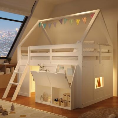 BTM Holz Halbhohes Bett 90x200 Hochbett mit Treppe, LED und Aufbewahrungsboxen Kinder Hausbett mit Rausfallschutz, Weiß BTM Holz Halbhohes Bett 90x200 Hochbett mit Treppe, LED und Aufbewahrungsboxen Kinder Hausbett mit Rausfallschutz, Weiß
