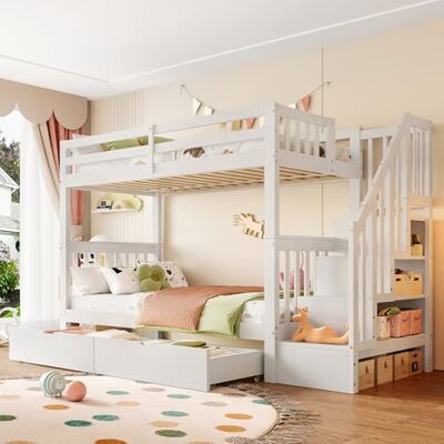 Merax Etagenbett Kinderbett 90x200 cm, Hochbett mit Schublade, Treppenregal und hohe Geländer, Holzbett Bettgestell mit Lattenrost (ohne Matratze), aus Kiefernholz, EN747-1 Zertifiziert, Weiß Merax Etagenbett Kinderbett 90x200 cm, Hochbett mit Schublade, Treppenregal und hohe Geländer, Holzbett Bettgestell mit Lattenrost (ohne Matratze), aus Kiefernholz, EN747-1 Zertifiziert, Weiß