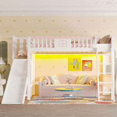 Merax Kinderbett 90x200, Hochbett mit Rutsche und Stauraum, Jugendbett Mädchenbett, LED-Bettgestell mit Lattenrost(ohne Matratze), Einzelbett aus Kiefernholz, EN747 Zertifiziert, Weiß Merax Kinderbett 90x200, Hochbett mit Rutsche und Stauraum, Jugendbett Mädchenbett, LED-Bettgestell mit Lattenrost(ohne Matratze), Einzelbett aus Kiefernholz, EN747 Zertifiziert, Weiß
