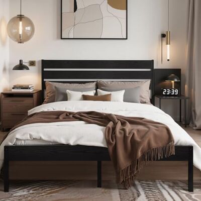 VECELO Bettgestell 140 x 200 cm, Metallbett mit Dick Holzkopfteil und Lattenrost, Doppelbett mit Stauraum unter dem Bett, perfekt für Schlafzimmer, Schwarz VECELO Bettgestell 140 x 200 cm, Metallbett mit Dick Holzkopfteil und Lattenrost, Doppelbett mit Stauraum unter dem Bett, perfekt für Schlafzimmer, Schwarz