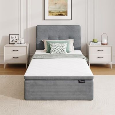 Vesgantti Einzelbett mit Matratze 90x200cm H3, Polsterbett ohne Lattenrost, Kord Bett in der Box mit Reißverschluss-Montage, werkzeugfrei, gepolstertes Kopfteil, Oeko-TEX Standard 100, 35 cm Höhe Vesgantti Einzelbett mit Matratze 90x200cm H3, Polsterbett ohne Lattenrost, Kord Bett in der Box mit Reißverschluss-Montage, werkzeugfrei, gepolstertes Kopfteil, Oeko-TEX Standard 100, 35 cm Höhe