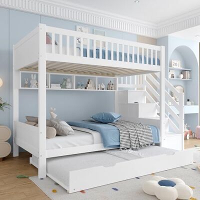 Merax Etagenbett Kinderbett 90x200 cm, Hochbett mit Ausziehbett, Kleiderschrank, Ablageleiter und Regal Bettgestell mit Lattenrost (ohne Matratze), aus Kiefernholz, Weiß Merax Etagenbett Kinderbett 90x200 cm, Hochbett mit Ausziehbett, Kleiderschrank, Ablageleiter und Regal Bettgestell mit Lattenrost (ohne Matratze), aus Kiefernholz, Weiß