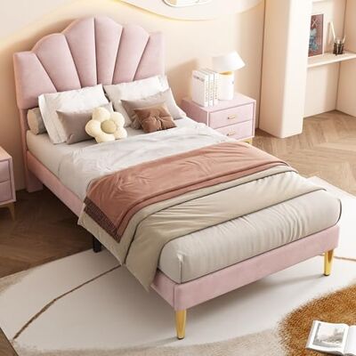 Merax Samt Polsterbett 90x200 cm, Muschelform Bett mit goldenen Eisenbeinen, Höhenverstellbares Kopfteil, Lattenrost aus Holz, Rosa ohne Matratze Merax Samt Polsterbett 90x200 cm, Muschelform Bett mit goldenen Eisenbeinen, Höhenverstellbares Kopfteil, Lattenrost aus Holz, Rosa ohne Matratze