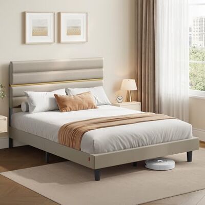 VASAGLE Polsterbett, Doppelbettgestell, Bettgestell, passend für 160 x 200 cm Matratze, verstellbares gepolstertes Kopfteil, Bettrahmen, Metall, Massivholz, modern, cappuccinobeige RMB505LH01 VASAGLE Polsterbett, Doppelbettgestell, Bettgestell, passend für 160 x 200 cm Matratze, verstellbares gepolstertes Kopfteil, Bettrahmen, Metall, Massivholz, modern, cappuccinobeige RMB505LH01