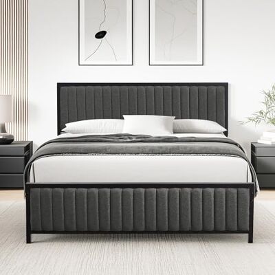VECELO Bettgestell 140 x 200 cm, Metallbett Doppelbett mit Gepolstertem Kopf- und Fußteil, Bettrahmen mit Lattenrost, 32cm Höhe unter dem Bett, Kein Boxspring Erforderlich, Grau VECELO Bettgestell 140 x 200 cm, Metallbett Doppelbett mit Gepolstertem Kopf- und Fußteil, Bettrahmen mit Lattenrost, 32cm Höhe unter dem Bett, Kein Boxspring Erforderlich, Grau