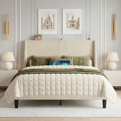 VECELO Polsterbett 140x200 cm mit USB-Anschluss & Type-C Ladefunktion, Doppelbett mit gepolstertem Leinen-Kopfteil und Seitentaschen, Bettgestell mit Lattenrost, Stabiler Metallrahmen, Modern, Beige VECELO Polsterbett 140x200 cm mit USB-Anschluss & Type-C Ladefunktion, Doppelbett mit gepolstertem Leinen-Kopfteil und Seitentaschen, Bettgestell mit Lattenrost, Stabiler Metallrahmen, Modern, Beige