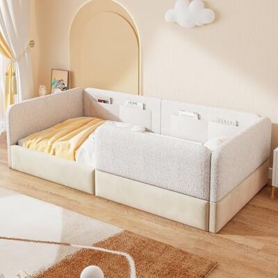 BTM Kinder Bodenbett 90x200 Samt + PU Kinderbett mit Rausfallschutz Polsterbett mit Aufbewahrungsbeutel, Weiß (ohne Matratze) BTM Kinder Bodenbett 90x200 Samt + PU Kinderbett mit Rausfallschutz Polsterbett mit Aufbewahrungsbeutel, Weiß (ohne Matratze)