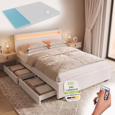 Juskys Polsterbett Lyon 140x200 cm mit Matratze, Bettkasten, LED Beleuchtung, Lattenrost & Kopfteil, weiß, Bett Bettgestell Jugendbett Einzelbett Juskys Polsterbett Lyon 140x200 cm mit Matratze, Bettkasten, LED Beleuchtung, Lattenrost & Kopfteil, weiß, Bett Bettgestell Jugendbett Einzelbett