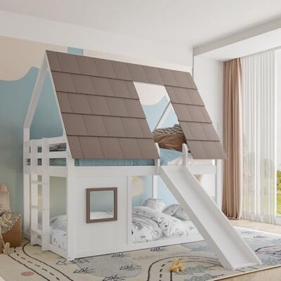 Merax Etagenbett Kinderbett 140x200, Hausbett Hochbett mit Rutsche&Leiter&Fenstern&Dach, Bett mit Lattenrost & Rausfallschutz, Unteres Bett auch als Spiel-/Lernbereich nutzbar, Ohne Matratze, Weiß Merax Etagenbett Kinderbett 140x200, Hausbett Hochbett mit Rutsche&Leiter&Fenstern&Dach, Bett mit Lattenrost & Rausfallschutz, Unteres Bett auch als Spiel-/Lernbereich nutzbar, Ohne Matratze, Weiß