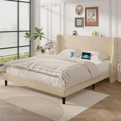 VECELO Polsterbett 140x200 cm mit USB & Type-C Anschlüssen, Doppelbett mit Kopfteil und 2 Seitentaschen, Bett Bettrahmen Bettgestell mit Lattenrost, Jugendbett, Leinen, Ohne Matratze, Beige VECELO Polsterbett 140x200 cm mit USB & Type-C Anschlüssen, Doppelbett mit Kopfteil und 2 Seitentaschen, Bett Bettrahmen Bettgestell mit Lattenrost, Jugendbett, Leinen, Ohne Matratze, Beige