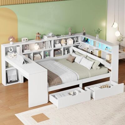 BTM 140x200 Holz-Plattformbett mit Schreibtisch, Bücherregal, Kinderbett mit Schubladen, Gepolstertem Kopfteil, Lattenrost, LED-Licht, Weiß BTM 140x200 Holz-Plattformbett mit Schreibtisch, Bücherregal, Kinderbett mit Schubladen, Gepolstertem Kopfteil, Lattenrost, LED-Licht, Weiß