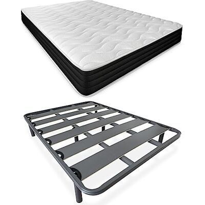 DUÉRMETE ONLINE Komplettes Bett mit wendbarer Visko-Matratze (Winter/Sommer) + verstärktem Lattenrost 40 x 30 mm mit Metallbeinen, legierter Stahl, Grau, 135 x 190 cm DUÉRMETE ONLINE Komplettes Bett mit wendbarer Visko-Matratze (Winter/Sommer) + verstärktem Lattenrost 40 x 30 mm mit Metallbeinen, legierter Stahl, Grau, 135 x 190 cm
