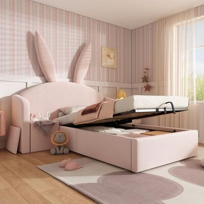Merax Kinderbett Mädchen 90x200cm, Polsterbett, Prinzessin Bett mit Hydraulisch Stauraumbett, Hasenohren-Kopfteil und Nachttisch, Mädchen Bett mit Lattenrost, Samt, Ohne Matratze, Rosa Merax Kinderbett Mädchen 90x200cm, Polsterbett, Prinzessin Bett mit Hydraulisch Stauraumbett, Hasenohren-Kopfteil und Nachttisch, Mädchen Bett mit Lattenrost, Samt, Ohne Matratze, Rosa