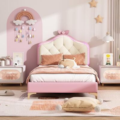 BTM Polsterbett, Einzelbett, Wellenform mit Zugpunkt am Kopfende des Bettes, rosa Schleife, mit mehrfarbigen, wechselnden LED-Streifen, mit Holzlatten, Einzelbett, PU, rosa Bettrahmen, 90x200cm BTM Polsterbett, Einzelbett, Wellenform mit Zugpunkt am Kopfende des Bettes, rosa Schleife, mit mehrfarbigen, wechselnden LED-Streifen, mit Holzlatten, Einzelbett, PU, rosa Bettrahmen, 90x200cm