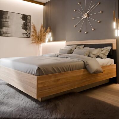 Forte BADERNA Bett 165, Bett mit Lattenrost und Stauraum, Holzwerkstoff, Mauvella Eiche Dekor/Schwarz, 165 cm breit, 99,5 cm hoch, 205 cm tief Forte BADERNA Bett 165, Bett mit Lattenrost und Stauraum, Holzwerkstoff, Mauvella Eiche Dekor/Schwarz, 165 cm breit, 99,5 cm hoch, 205 cm tief