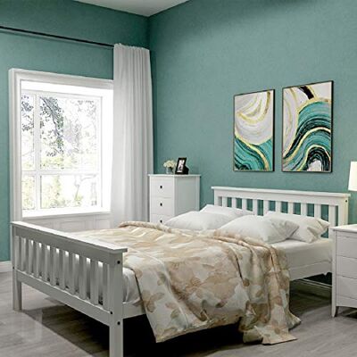 BTM Holzbett Doppelbett 140 x 200 cm, Massivholz Bettgestell mit Lattenrost und Hohem Kopfteil, Bett Rahmen Kiefer, für Erwachsene Kinder Jugendliche, Weiß BTM Holzbett Doppelbett 140 x 200 cm, Massivholz Bettgestell mit Lattenrost und Hohem Kopfteil, Bett Rahmen Kiefer, für Erwachsene Kinder Jugendliche, Weiß