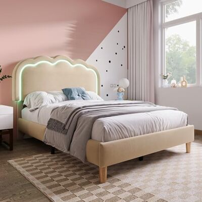 Merax Kinderbett Polsterbett 90x200cm, Einzelbett Bettgestell mit Lattenrost & Verstellbares Kopfteil, süßes Jugendbett mit LED-Kopfteil in Puff-Form, Bettrahmen, Leinenmaterial, ohne Matratze, Beige Merax Kinderbett Polsterbett 90x200cm, Einzelbett Bettgestell mit Lattenrost & Verstellbares Kopfteil, süßes Jugendbett mit LED-Kopfteil in Puff-Form, Bettrahmen, Leinenmaterial, ohne Matratze, Beige