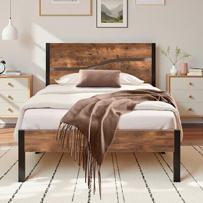 VECELO Bettgestell 90 x 200 cm Bettrahmen aus Metall mit Lattenrost, Einzelbett Metallbett mit Dick Holzkopfteil, Vintage Gästebett Jugendbett, Perfekt für Schlafzimmer, Braun VECELO Bettgestell 90 x 200 cm Bettrahmen aus Metall mit Lattenrost, Einzelbett Metallbett mit Dick Holzkopfteil, Vintage Gästebett Jugendbett, Perfekt für Schlafzimmer, Braun