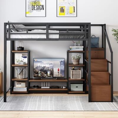 Merax Hochbett 140x200 cm mit TV-Ständer, Steckdose, platzsparendes Etagenbett mit Stauraum, multifunktionales Kinderbett für Jugendzimmer & kleine Räume, Schwarz (ohne Matratze) Merax Hochbett 140x200 cm mit TV-Ständer, Steckdose, platzsparendes Etagenbett mit Stauraum, multifunktionales Kinderbett für Jugendzimmer & kleine Räume, Schwarz (ohne Matratze)