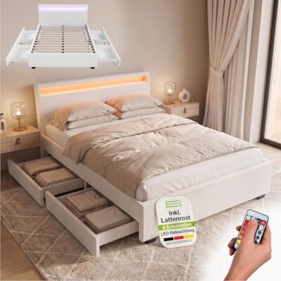 Juskys Polsterbett Lyon 140x200 cm mit Bettkasten, LED Beleuchtung, Lattenrost & Kunstleder, weiß, Bett Bettgestell Einzelbett Jugendbett Juskys Polsterbett Lyon 140x200 cm mit Bettkasten, LED Beleuchtung, Lattenrost & Kunstleder, weiß, Bett Bettgestell Einzelbett Jugendbett