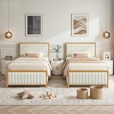 VECELO 2er-Set Polsterbett 90x200 cm, Bettgestell mit gepolstertem Kopfteil und Metall-Lattenrost, 32 cm Stauraum unter dem Bett, kein Boxspring nötig, stabil, für Erwachsene und Jugendliche, Beige VECELO 2er-Set Polsterbett 90x200 cm, Bettgestell mit gepolstertem Kopfteil und Metall-Lattenrost, 32 cm Stauraum unter dem Bett, kein Boxspring nötig, stabil, für Erwachsene und Jugendliche, Beige