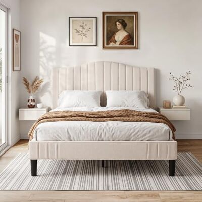 VECELO Polsterbett 140x200 cm Doppelbett, Bettgestell aus Teddy-Stoff mit höhenverstellbarem Kopfteil und Lattenrost aus Massivholz, 20 cm Stauraum unter dem Bett, modern, geräuscharm, beige VECELO Polsterbett 140x200 cm Doppelbett, Bettgestell aus Teddy-Stoff mit höhenverstellbarem Kopfteil und Lattenrost aus Massivholz, 20 cm Stauraum unter dem Bett, modern, geräuscharm, beige