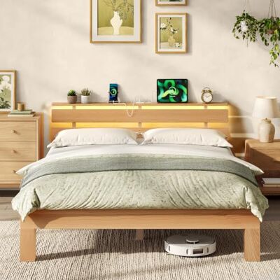 VASAGLE Bettgestell aus Massivholz Buche, mit LED-Beleuchtung und USB Kopfteil, ohne Lattenrost, 221,2 x 144,5 x 78 cm, Naturfarben, für Schlafzimmer, NYTOR Kollektion RMB254Y101 VASAGLE Bettgestell aus Massivholz Buche, mit LED-Beleuchtung und USB Kopfteil, ohne Lattenrost, 221,2 x 144,5 x 78 cm, Naturfarben, für Schlafzimmer, NYTOR Kollektion RMB254Y101
