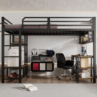 Merax Eisen Hochbett Etagenbett 120x200 cm mit Schreibtisch und Ablagefläche – Leiter und stabilen Lattenrosten, Jugendbett Metallgestell Schwarz Dunkelbraun,Ohne Matratze Merax Eisen Hochbett Etagenbett 120x200 cm mit Schreibtisch und Ablagefläche – Leiter und stabilen Lattenrosten, Jugendbett Metallgestell Schwarz Dunkelbraun,Ohne Matratze