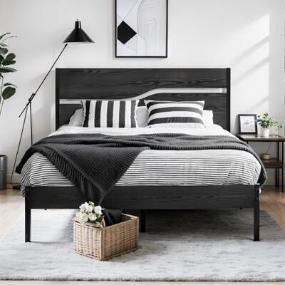 VECELO Bettgestell 140x200 cm, Doppelbett mit Holzoptik-Kopfteil und Lattenrost, bis 320 kg belastbar, 31 cm Bodenfreiheit, geräuscharm, einfache Montage, Schwarz VECELO Bettgestell 140x200 cm, Doppelbett mit Holzoptik-Kopfteil und Lattenrost, bis 320 kg belastbar, 31 cm Bodenfreiheit, geräuscharm, einfache Montage, Schwarz