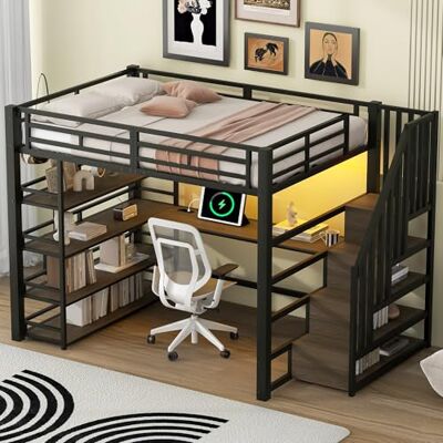 BTM Jugendbett 140 x 200 cm Metall LED Hochbett mit Schreibtisch und Staufächern, Kinder Hochbett mit Treppe, Schwarz BTM Jugendbett 140 x 200 cm Metall LED Hochbett mit Schreibtisch und Staufächern, Kinder Hochbett mit Treppe, Schwarz