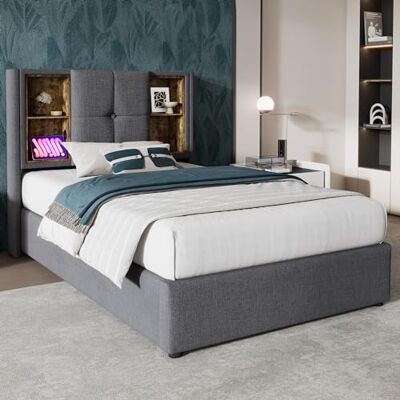 Merax Polsterbett 90x200cm mit Stauraum Kopfteil, Modern Einzelbett Bettgestell mit Kabellosem Laden USB C, Hydraulisch Stauraumbetten, Holz Lattenrost, Jugendbetten, ohne Matratze, Baumwolle, Grau Merax Polsterbett 90x200cm mit Stauraum Kopfteil, Modern Einzelbett Bettgestell mit Kabellosem Laden USB C, Hydraulisch Stauraumbetten, Holz Lattenrost, Jugendbetten, ohne Matratze, Baumwolle, Grau